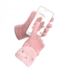 Женские замшевые тканевые перчатки, милые Мультяшные перчатки, осенне-зимние теплые кроличьи меховые варежки, женские перчатки для сенсорного экрана