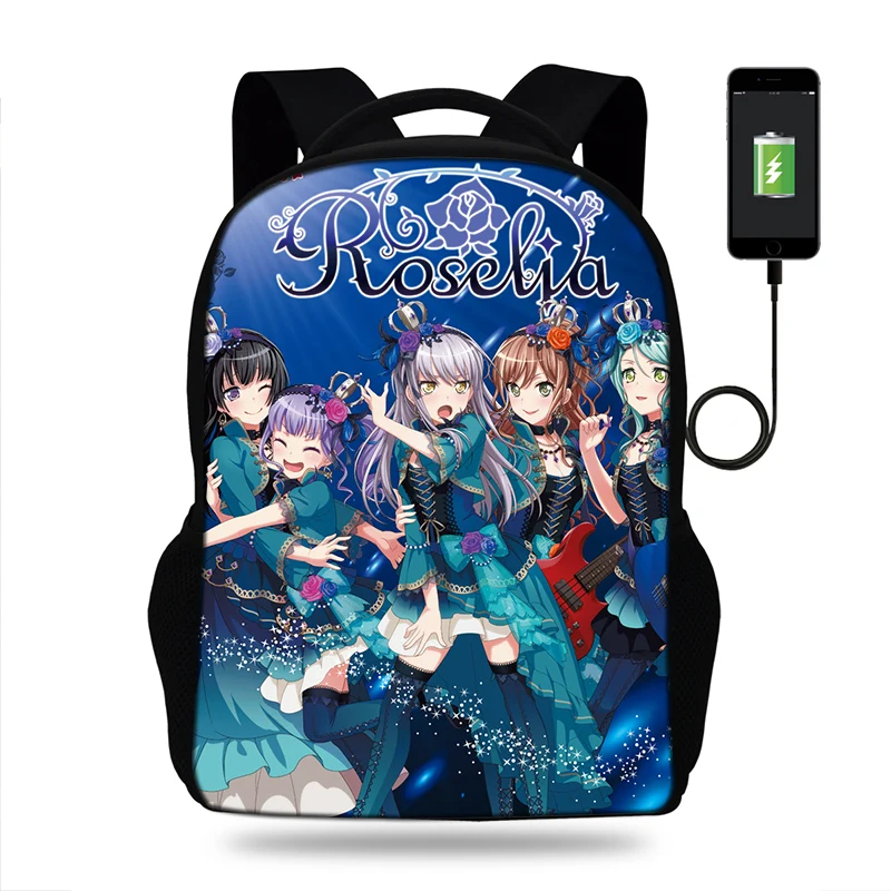  17 pulgadas Anime sueño de estallido Roselia Mochila de carga USB para adolescentes niñas mochilas 