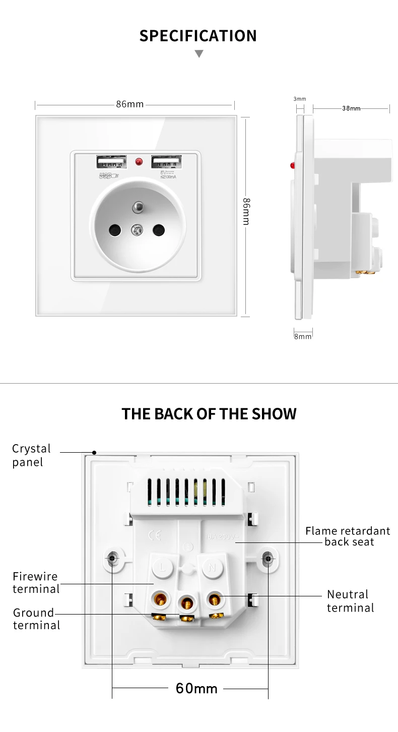 dupla, carregador USB, preto, branco, ouro, 86 painel de vidro, 16A, 2100ma