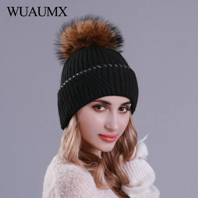 Wuaumx, шапка из меха енота, помпоны, зимние шапки для женщин, Модная вязаная шерстяная шапочка для девочек, Skullies Beanies, женская шапка