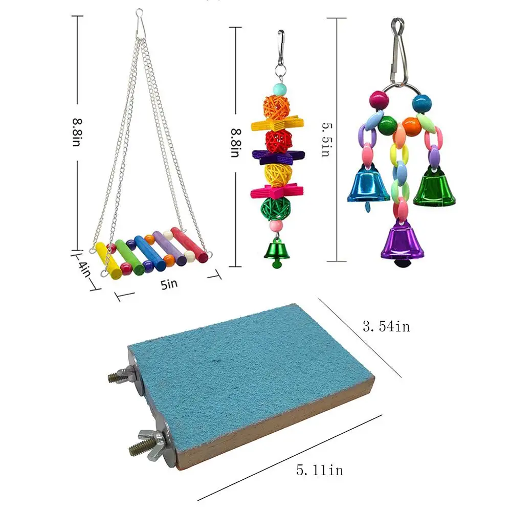 AUGKUN 7PCS Bird Parrot Toy Swing Chewing Toys Hanging Bell Bird Cage Toy Colorful Bird Entertainment Toys Pet Supplies
