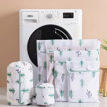 

2020 Cactus Printing Zippered Laundry Bags Household Socks Underwear Bra Washing Bag High Quality Polyester Mesh Laundry Baskets