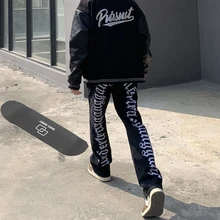 Pantalones vaqueros rasgados de pierna recta para hombre, jeans holgados con bordado de letras bordadas, hip hop, micro cuerno, para monopatín