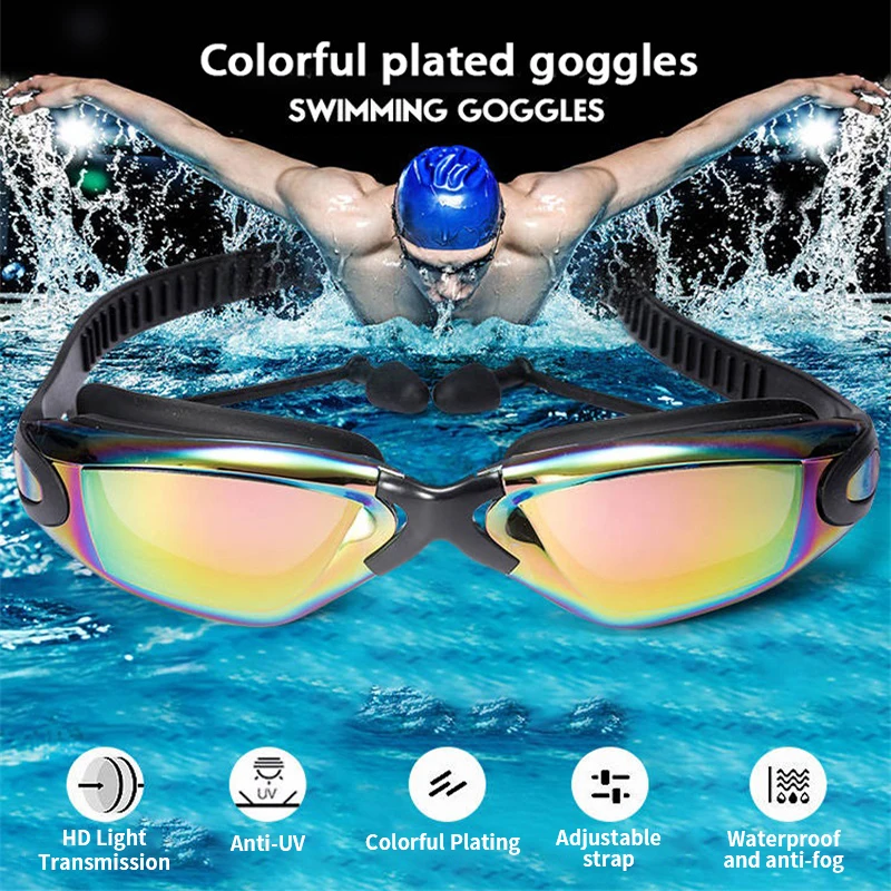 3 PCS  Professional Swimming Goggles Set Earplugs Waterproof Glasses Electroplate Anti-Fog Anti-UV Pull Buckle Adult Silicone