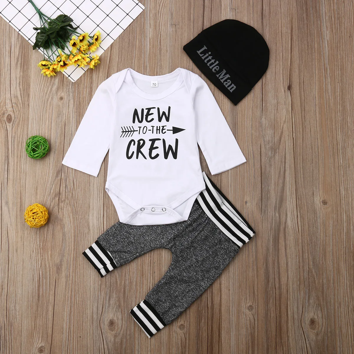 Newborn Baby Boys Autumn Summer Clothing NEW TO THE CREW Letters Print Buttoned Romper Striped Pants Toddler Boy 0-18M Outfits |