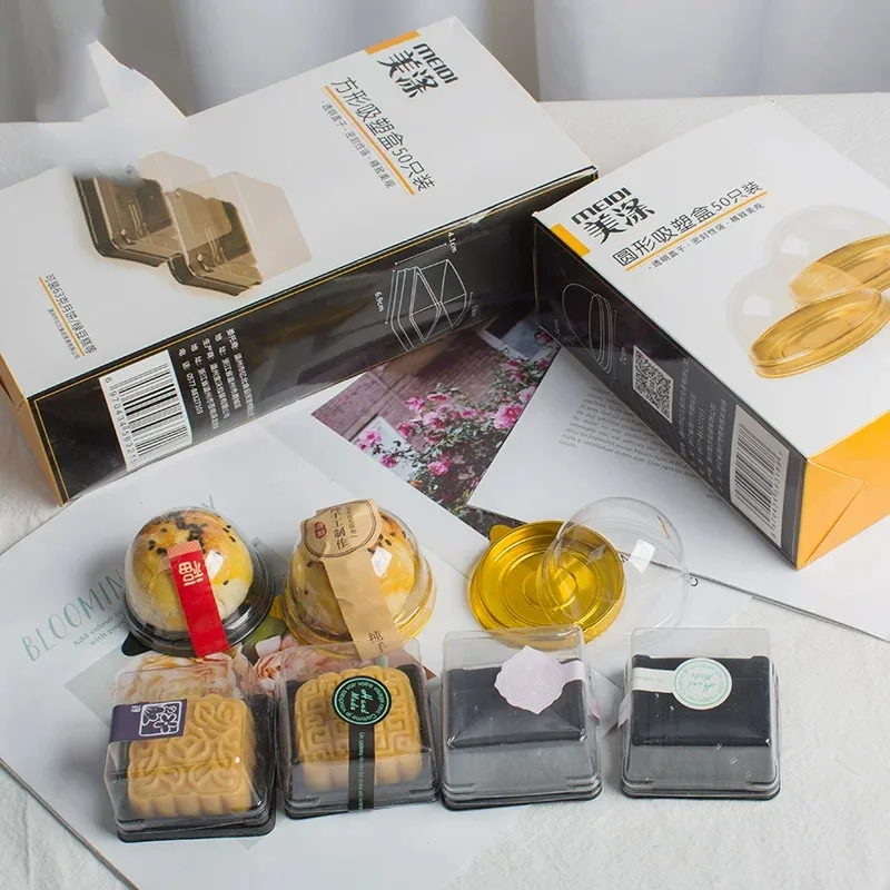 50 Pcs Mini Round Moon Cake Container Trays Packaging Box Holder for Bridal Shower Wedding Christmas Party Gift Boxes Cake