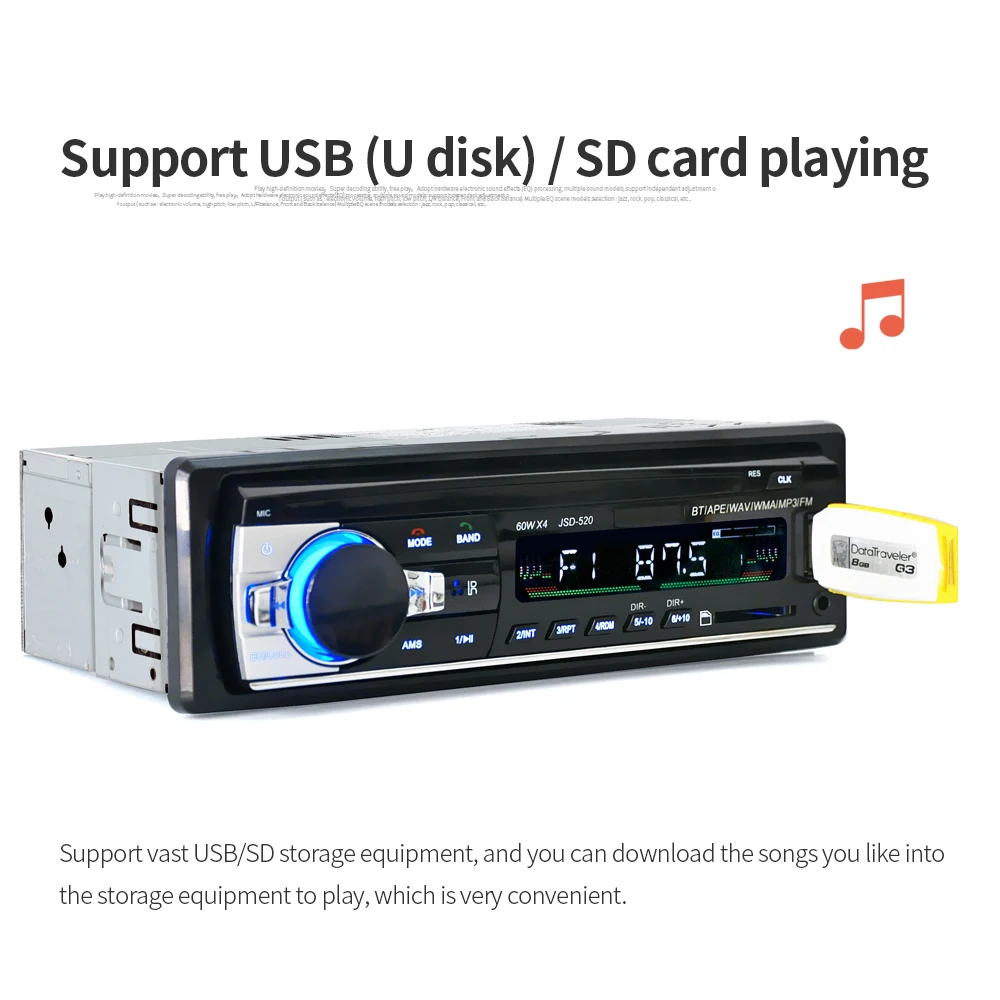 Bluetooth V2.0 JSD-520 Стерео Авторадио автомобиля радио 12 В в-тире 1 Din FM Aux вход приемник SD USB MP3 MMC WMA аудио плеер JSD520