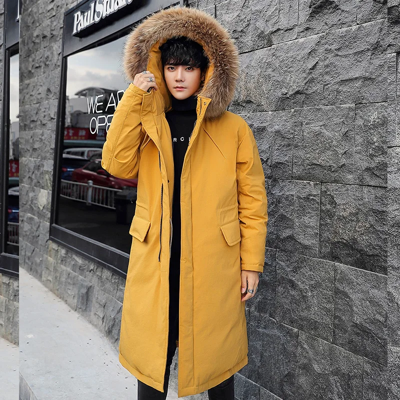 Зимний мужской пуховик с меховым капюшоном, теплый пуховик на утином пуху, желтый длинный пуховик с высоким воротником и вышивкой, модное пальто