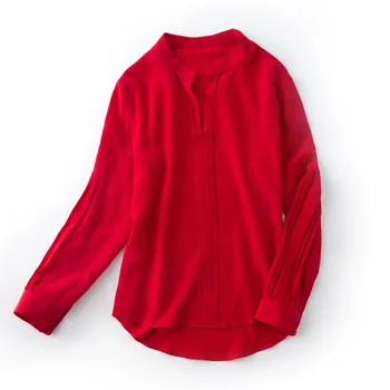 

Shirts Blouses Black Long Sleeve Top 2020 Summer New Silk Ladies Blouse Commuting Red Stand Collar Lantern Sleeve Office Lady