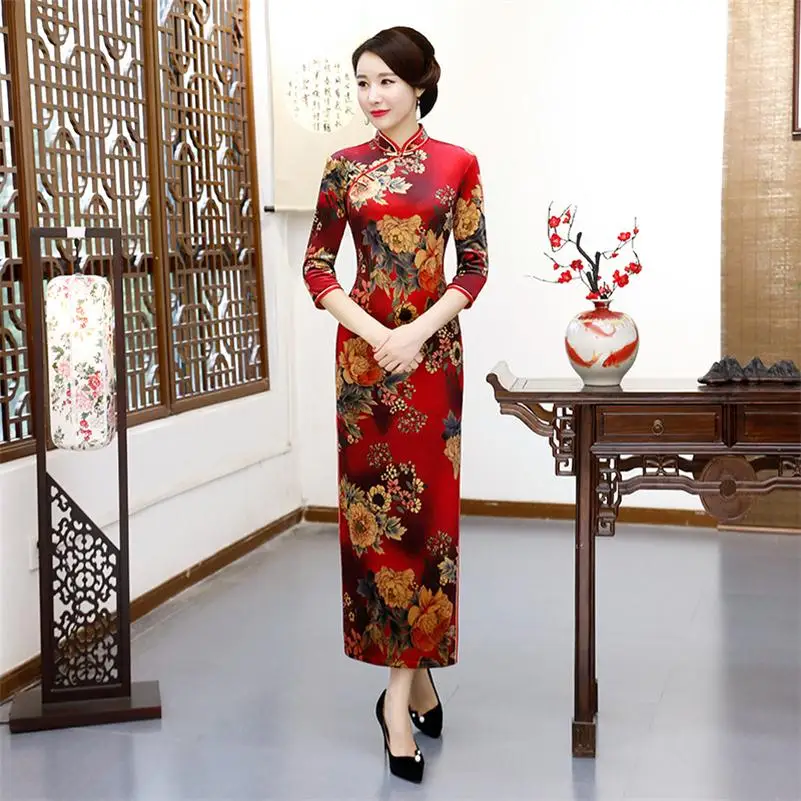 Осенне-зимнее Новое велюровое платье большого размера элегантное женское китайское тонкое платье на пуговицах ручной работы винтажное