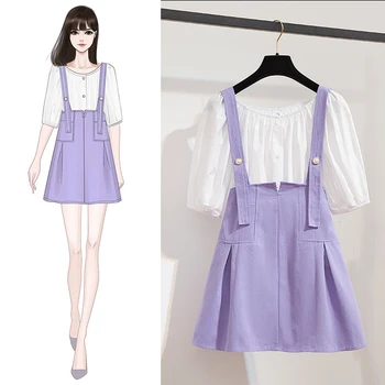 

Sweet Summer 2020 Female Two Piece Suits Puff Sleeve White Blouse Shirt Strap Shorts Cute Clothing Sets