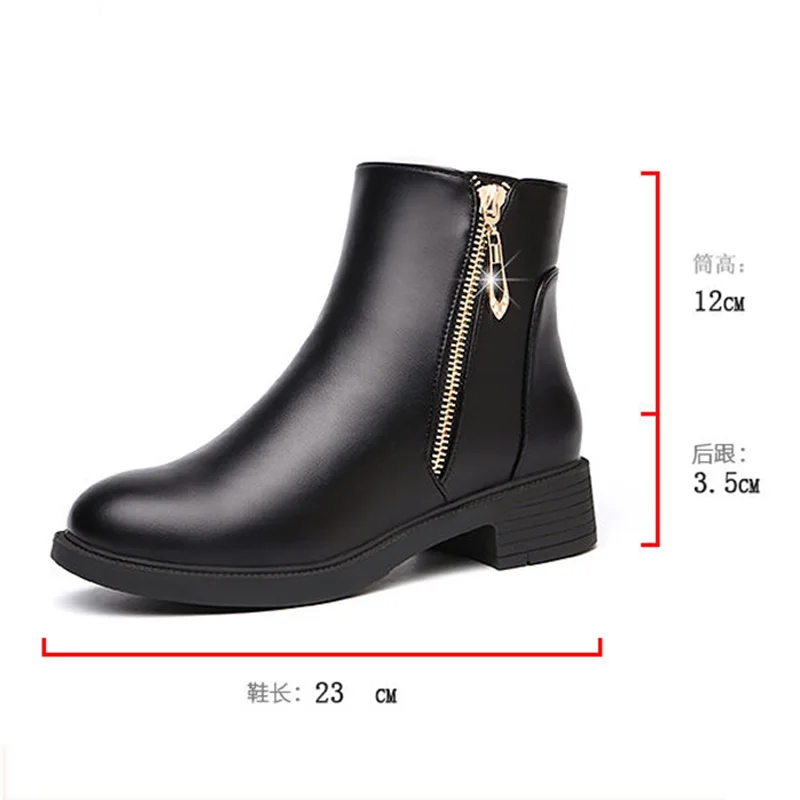 Zwarte Enkellaars Vrouwen Herfst Winter Bont Schoenen Rits Korte Laarzen  Waterdichte Schoenen Dames Blok Hak Laarzen Vrouwen Lederen Laarzen