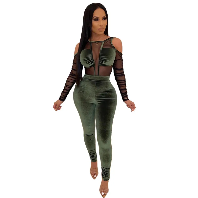 Adogirl Sheer Mesh Patchwork Velvet Jumpsuit Women Sexy Cold Shoulder Long Sleeve Skinny Romper Night Club Overalls Bodysuits