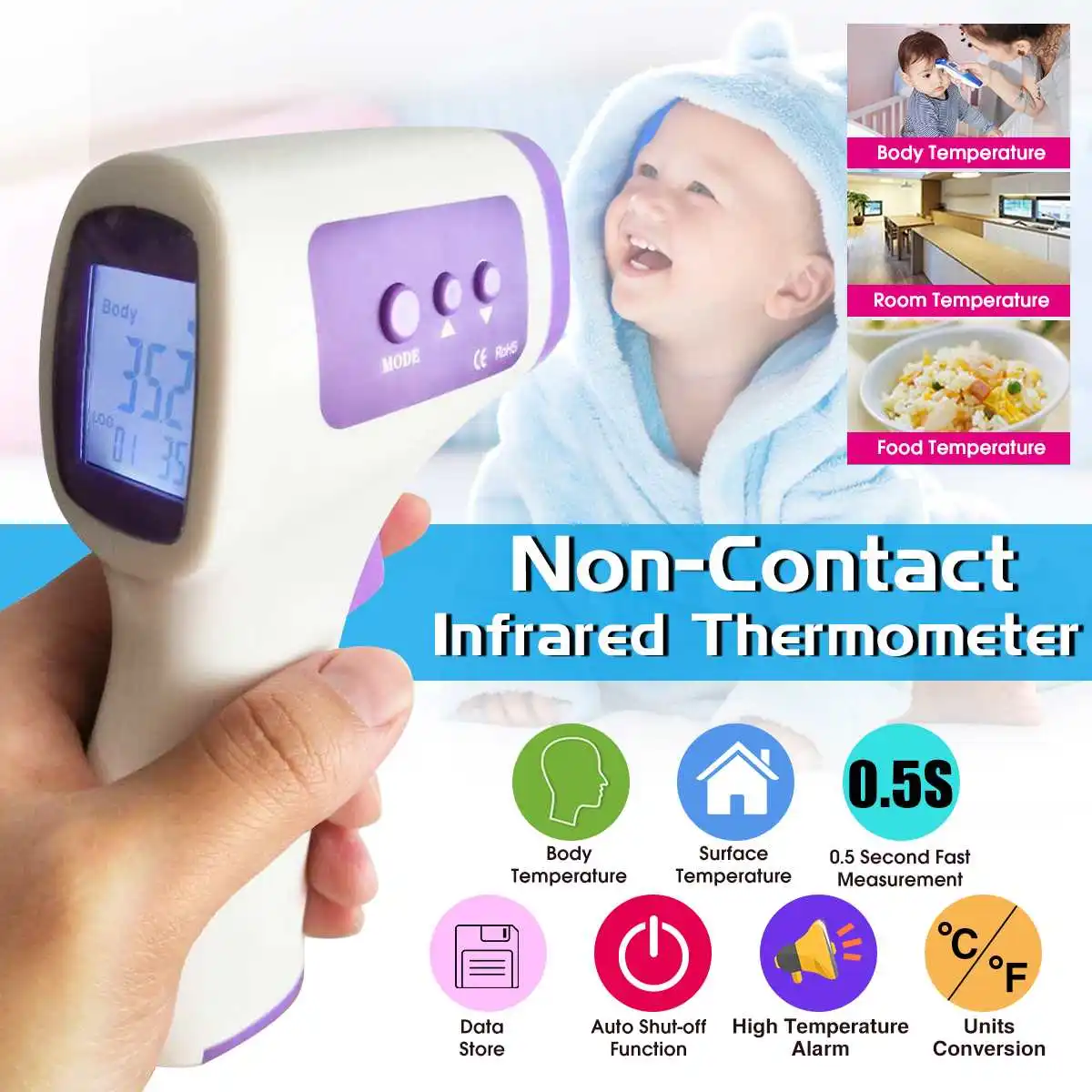 

LCD Digital Infrared Thermometer Non-contact Forehead Ear Body Thermometer Meter Temperature Measurement Device for Baby Adult