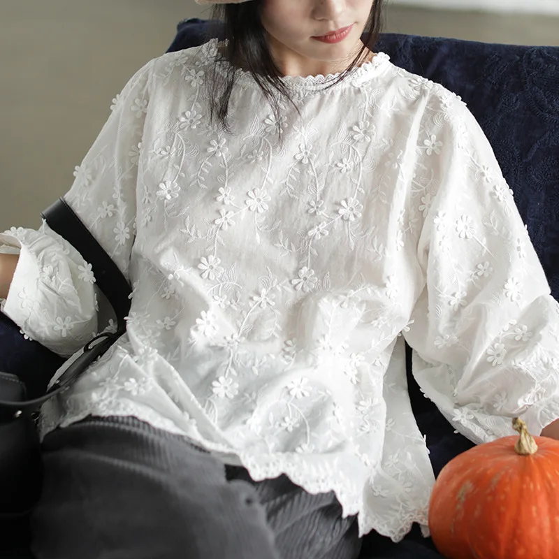 NINI WONDERLAND Spring Autumn Embroidery Flower Shirt Women's Cotton Lantern Sleeve Vintage Retro 2021 Casual Tops Clothes | Женская