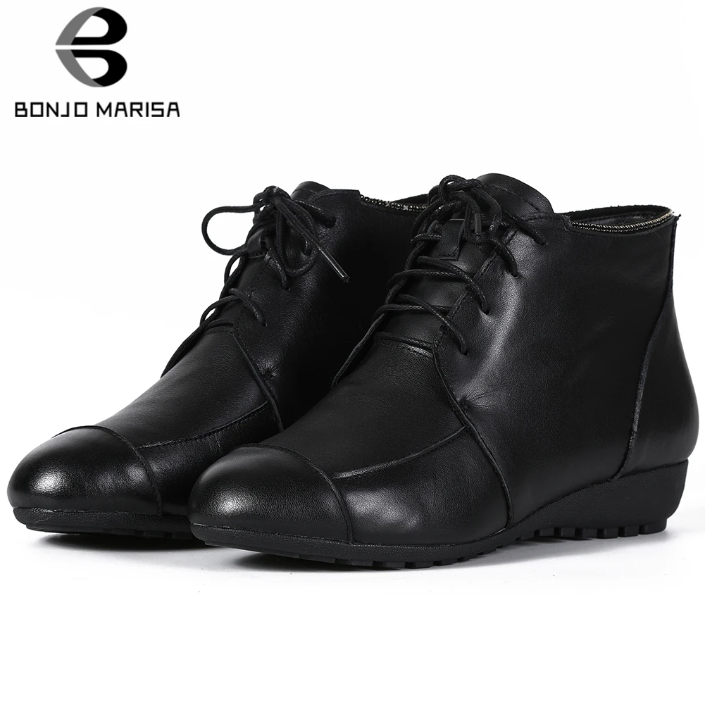 

BONJOMARISA New Mature Black Booties Ladies Genuine Leather Ankle Boots Women 2020 Spring Casual Low Wedges Shoes Woman