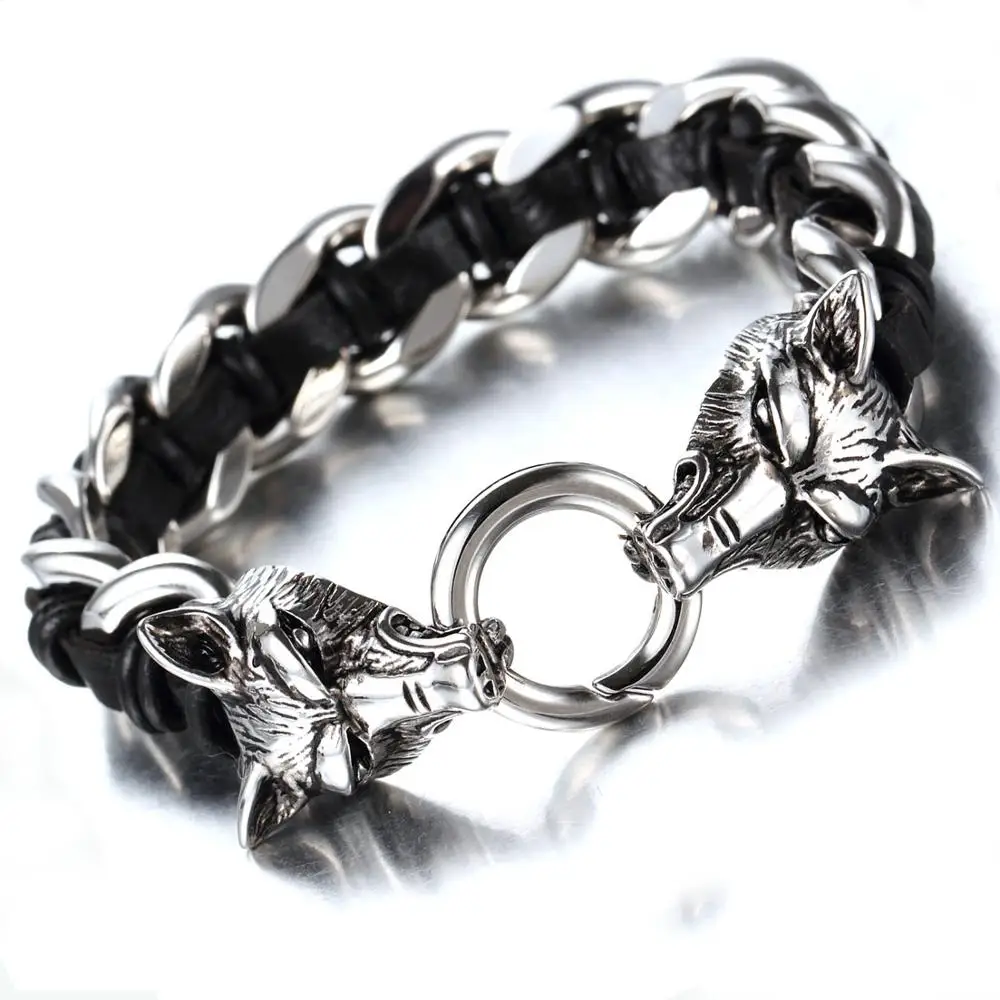 Grandy шикарный панк ювелирные изделия из нержавеющей стали с двойной волчьей головкой Пряжка из натуральной кожи Плетеный мужской браслет