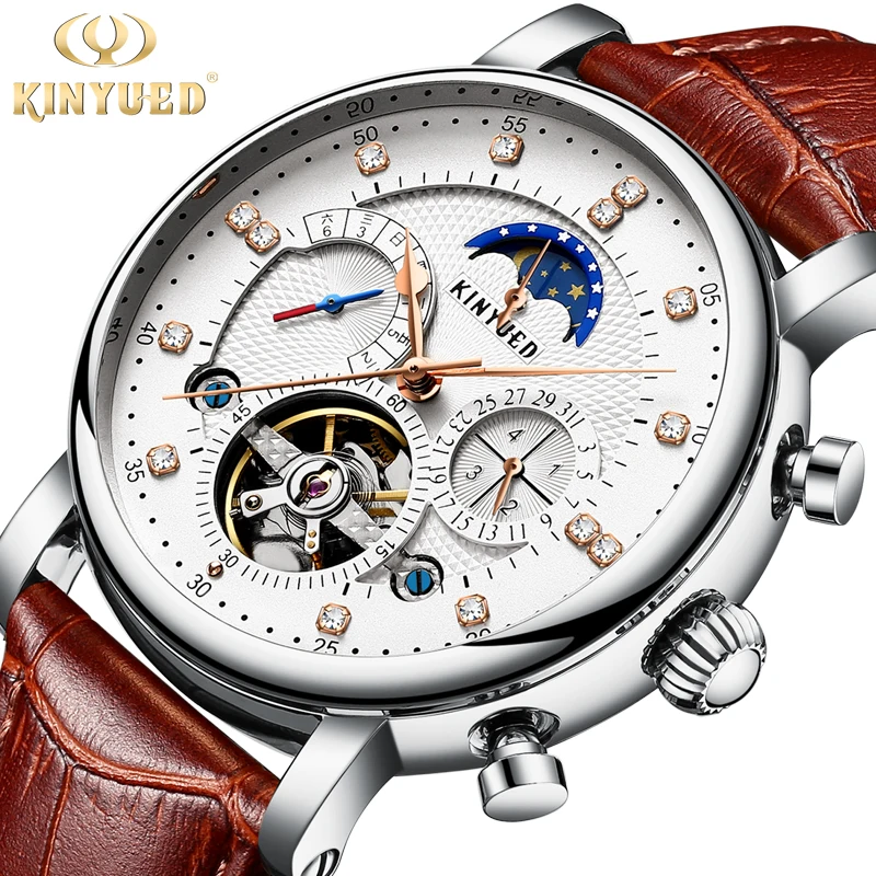 KINYUED Moon Phase Топ бренд для мужчин s механические часы автоматические Турбийон Скелет часы для мужчин календарь Relogio Masculino Прямая поставка - Цвет: White