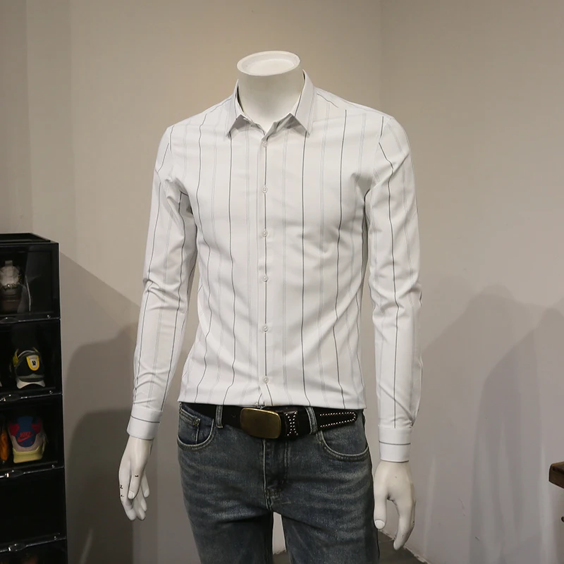 

2022 Spring Autumn High Quality Striped Men Shirt Long Sleeve Slim Fit Formal Men's Dress Shirt Business Male Social Shirts V29