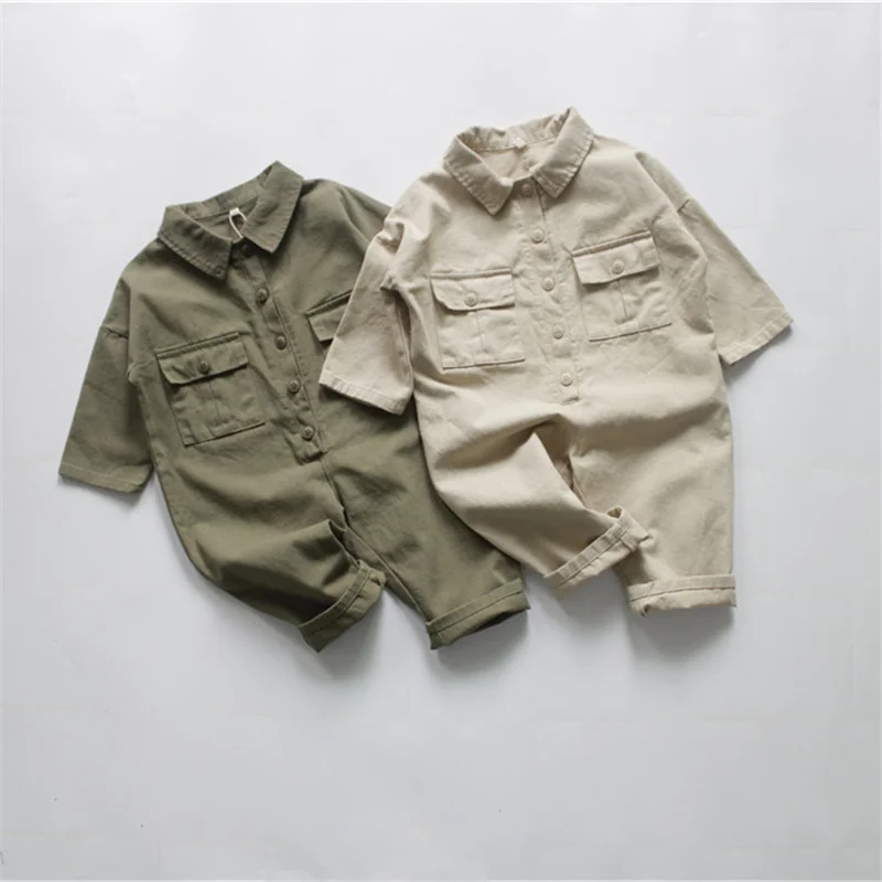 

Autumn boys and girls fashion turn-down collar overalls Korean style children loose casual long sleeve cool rompers