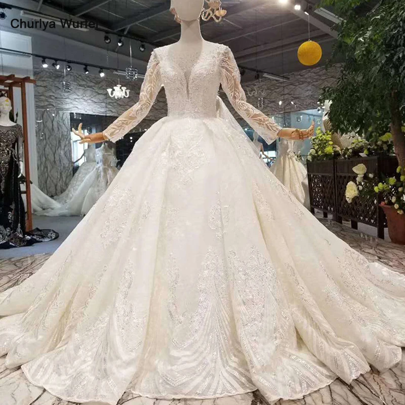 LSS108 Свадебные платья круглый вырез с длинными рукавами бальное платье блестящее кружевное платье с аппликацией для свадьбы элегантное с длинным шлейфом
