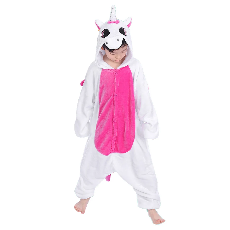 Kigurumi/Детские фланелевые пижамы; детские зимние комбинезоны; одежда для сна для девочек и мальчиков; пижамный комплект с единорогом, Тигром; Пижама с капюшоном - Цвет: Rose Unicorn