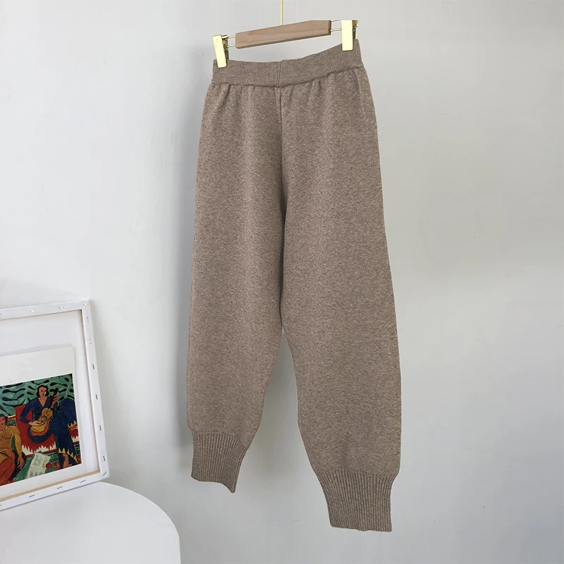 Aachoae 2020 Autumn Winter Knitted Pants Women Elastic Waist Drawstring Trousers Long Pencil Pants With Pockets Ladies Bottoms