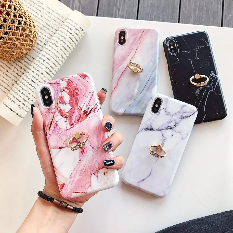 

For iPhone 7 Plus XR X XS Max Case Classic Marble With Diamond Ring Bracket Holder Cover For iPhone 8 6 6s Plus Soft TPU Coque