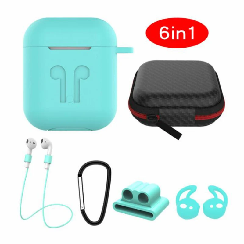 

6 IN-1 Cases Lanyard Carabiner Protective Case For AirPods Headphone Silicone Cover For Air Pods 2 Case Accessories Storage Box