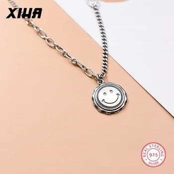 

XIHA 925 Sterling Silver Round Tag Smile Face Pendant Necklace Women Cuban Link Chain Chokers Korean Style Fashion Jewelry