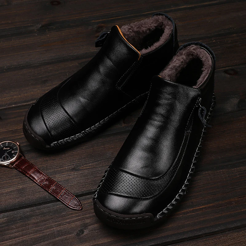 Valstone/Мужская зимняя повседневная кожаная обувь ручной работы плюшевые кроссовки Уличная обувь на молнии высокий ботинок Мокасины без застежки, большие размеры 48