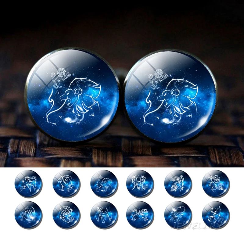 12 Constellations Glass Alloy Cufflinks Zodiac Signs Suit Cuff Links Men Shirt Accessories
