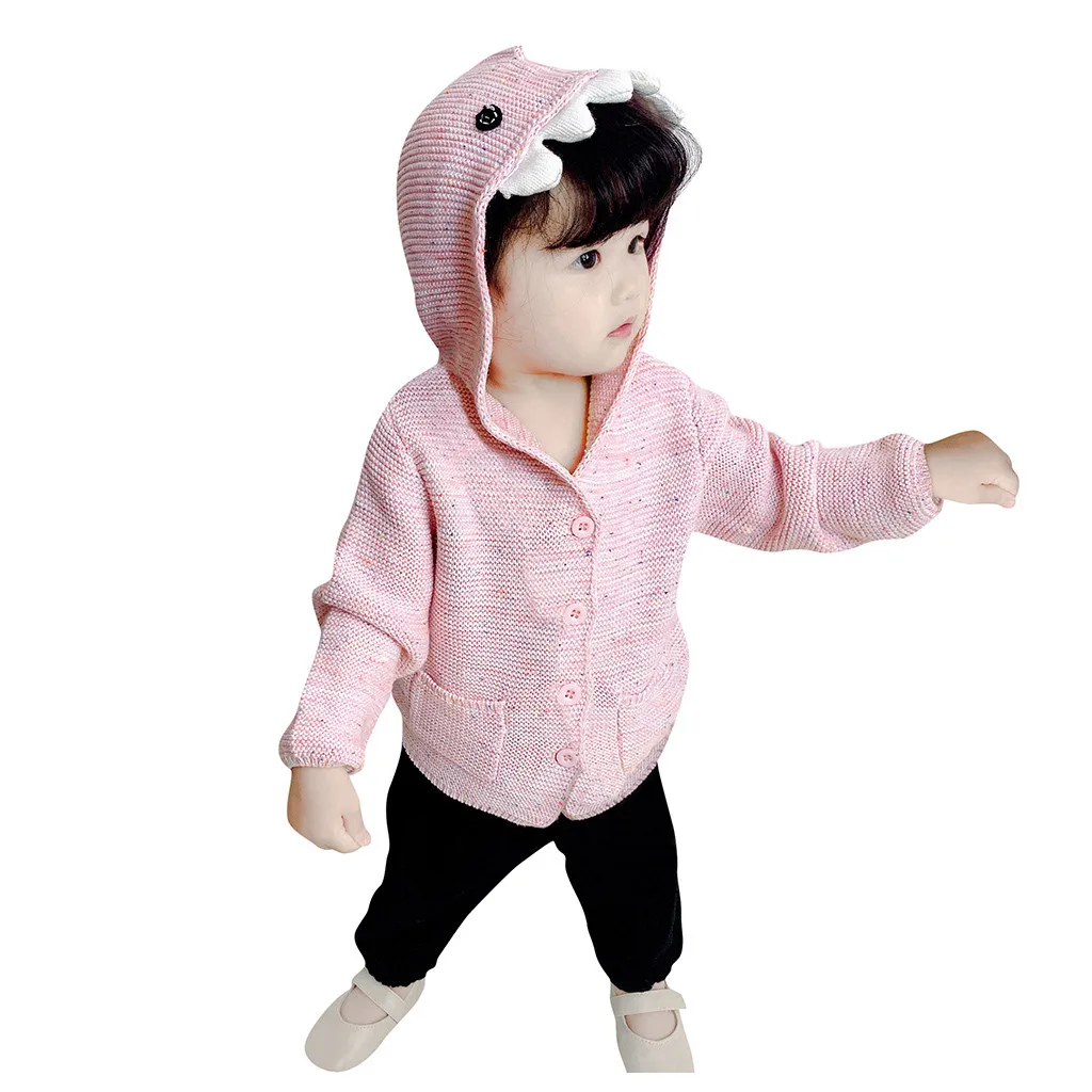 Младенческой новорожденных девочек для мальчиков мультфильм Динозавр с капюшоном свитер пальто карманом Осень Зима теплые милые наряды одежда