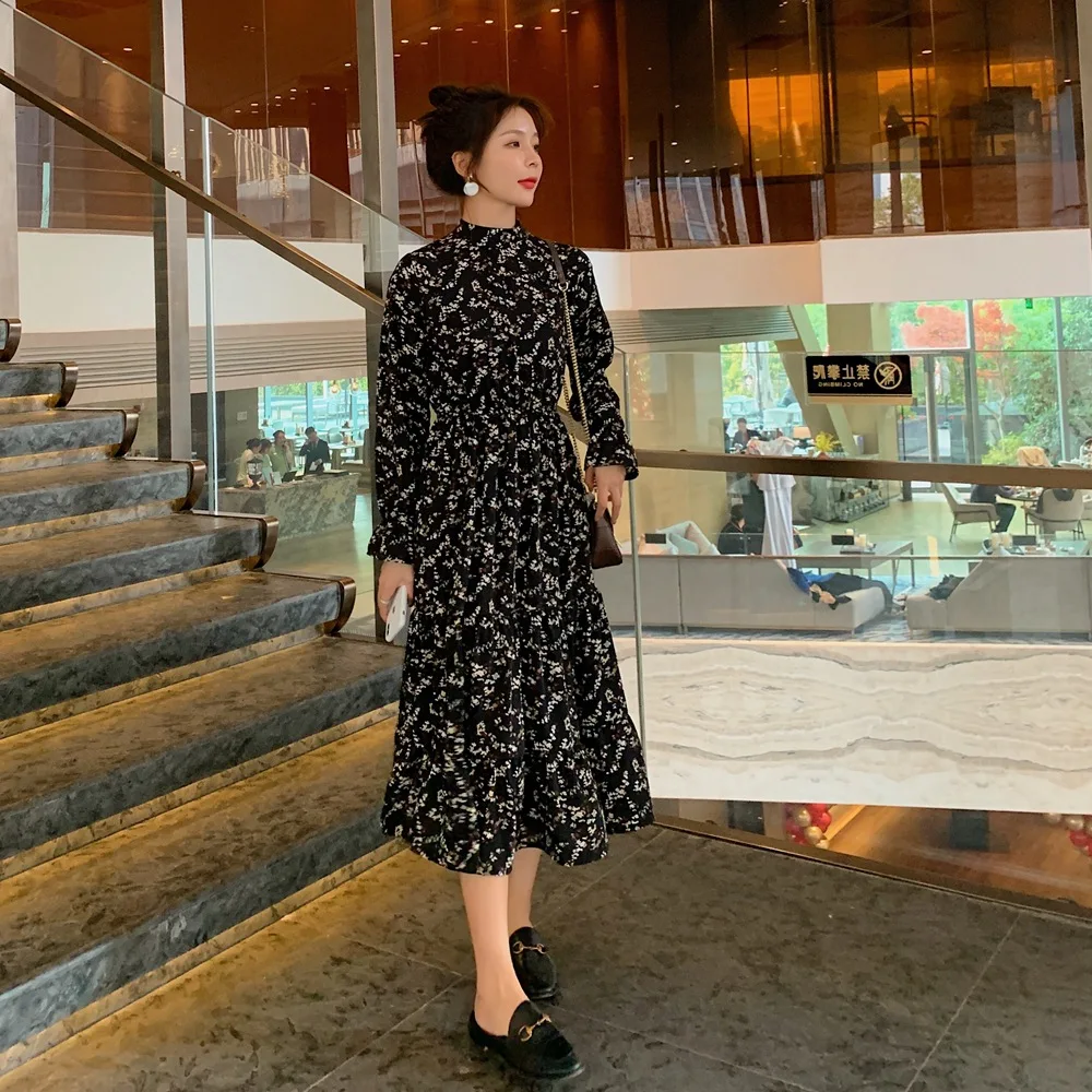 

Photo Shoot Mid-length Waist Hugging A- line Skirt 2020 Spring New Style WOMEN'S Dress Retro CHIC-Style Chiffon Floral Dress