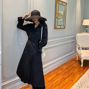 

Women Double breasted Long Trench Coat Office Ladies Turn-down Collar Sashes Overcoats Autumn winter Khaki Female Outwear 2019