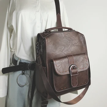 

Retro Pu Soft Leather Backpack for Women's Buckle College Style Travel Backpack