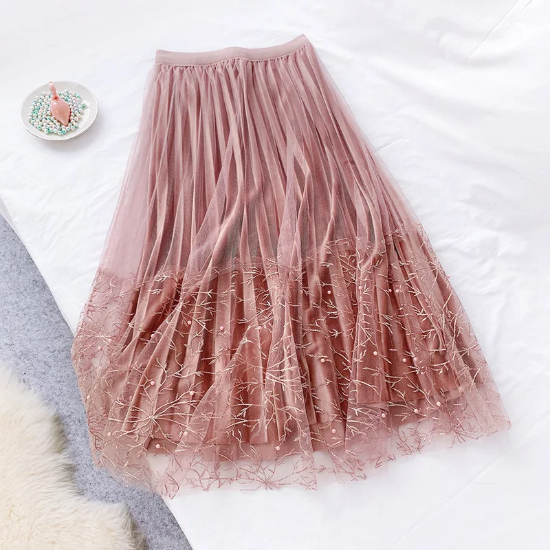 DANJEANER весенние кружевные сетчатые юбки с вышивкой и бусинами в стиле ретро Элегантные тюлевые юбки средней длины трапециевидной формы