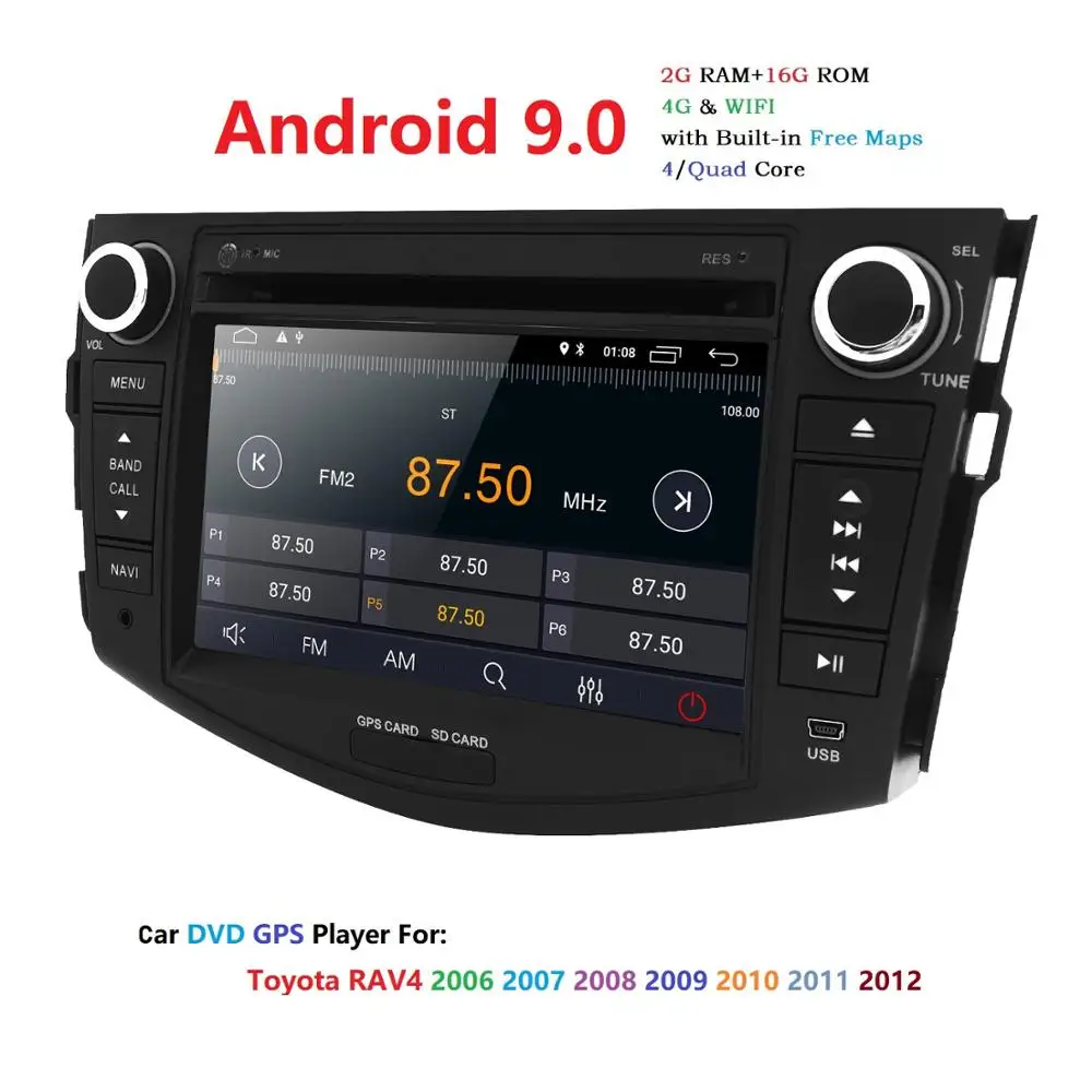 Top Hizpo NEW !!!4G Android 9.0 car dvd player for Toyota RAV4 Rav 4 2007 2008 2009 2010 2011 2din 1024*600 car dvd gps wifi rds DAB 2