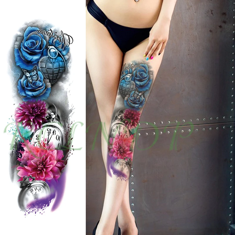 Waterproof Temporary Tattoo Sticker carp fish flower full arm fake tatto flash tatoo sleeve large size for girl men women lady - Цвет: Лиловый