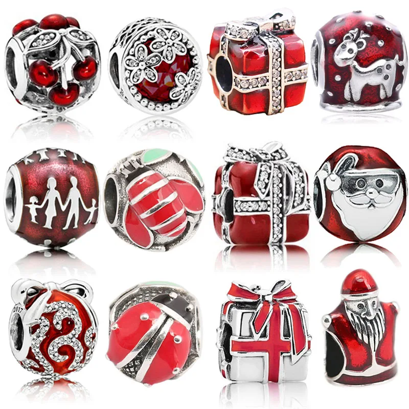 

925 Silver Bead Cherry Beatle Ladybird Gift Box Merry Chrismas Santa Charm Fit Pandora Bracelet Bangle for Women DIY Jewelry