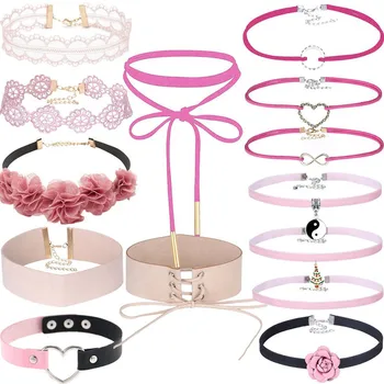 

14 /30 pcs Cute Pink Flower Lace Choker Necklace Set Women Girls Stretch Velvet Classic Gothic Tattoo Chokers Streetwear z0913