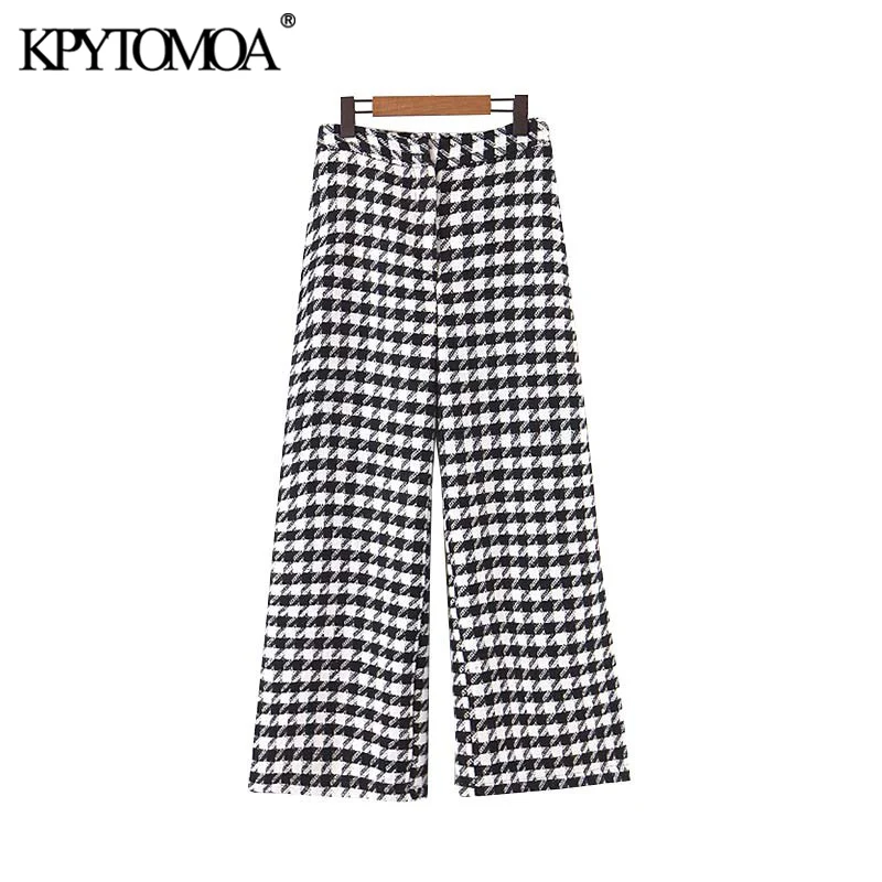 Vintage Stylish Office Wear Houndstooth Straight Pants Women 2020 Fashion High Waist Zipper Fly Pocket Ladies Ankle Trousers