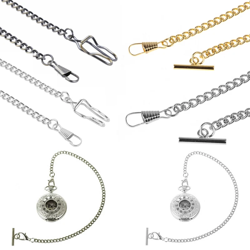 Stainless Steel Gold-Plated Pocket Watch Chain Vintage Chrome-Plated Vest Waistcoat Pocket Watch Chain Link Lobster Clasps