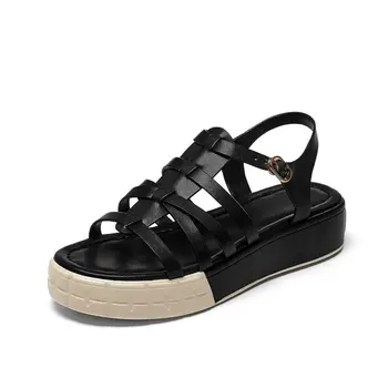 

Rome style Genuine leather Women Sandals flat platform shoes woman 2020 Summer buckle Basic Shoes Woman