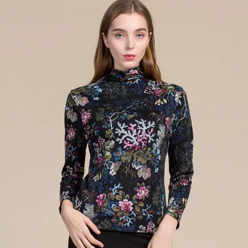 

New Pure Wool High Collar Base Shirt Women's Long-Sleeve Printed Sweater Pullover Sweater Middle-aged WOMEN'S Dress