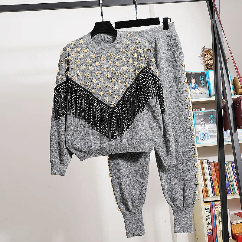 

Women Knitted Tracksuit Set Handwork Diamonds Tassel Sweater Pencil Pants Two Piece Outfits Female Loose Black Gray Knitting 2pc