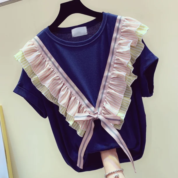 

Summer T Shirt Women New Korean Style Ruffles Shirts T-shirt Student Loose Coloured Ruffles T-shirts Bow Tops Tees Harajuku