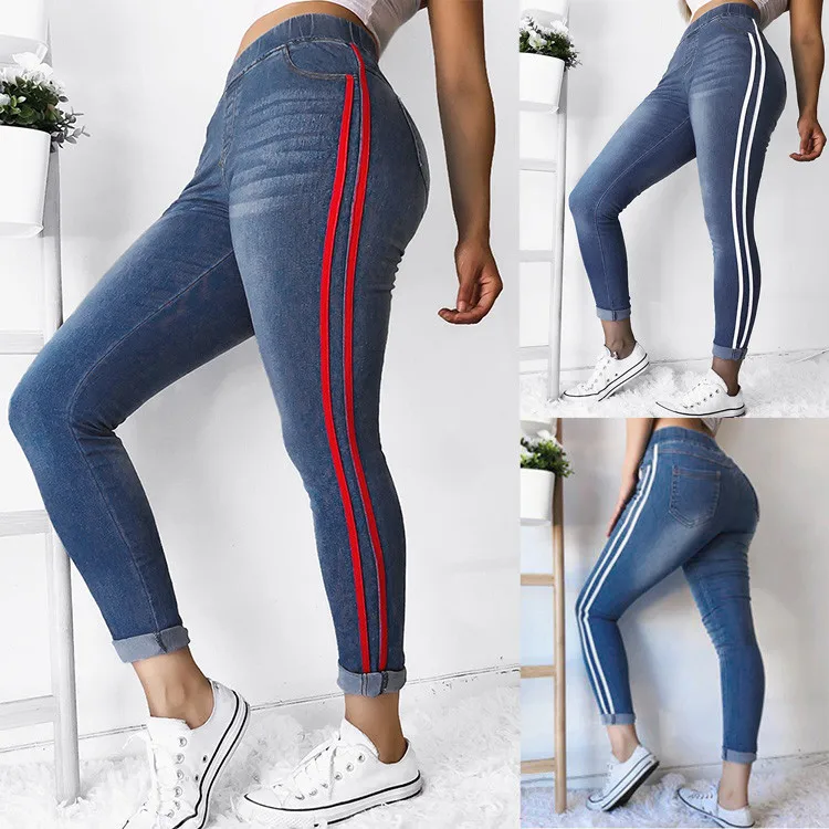 

2019 Newest Women Autumn Elastic Plus Tight Feet Loose Denim Ribbon Casual Jeans Ladies Fashion Women Trousers