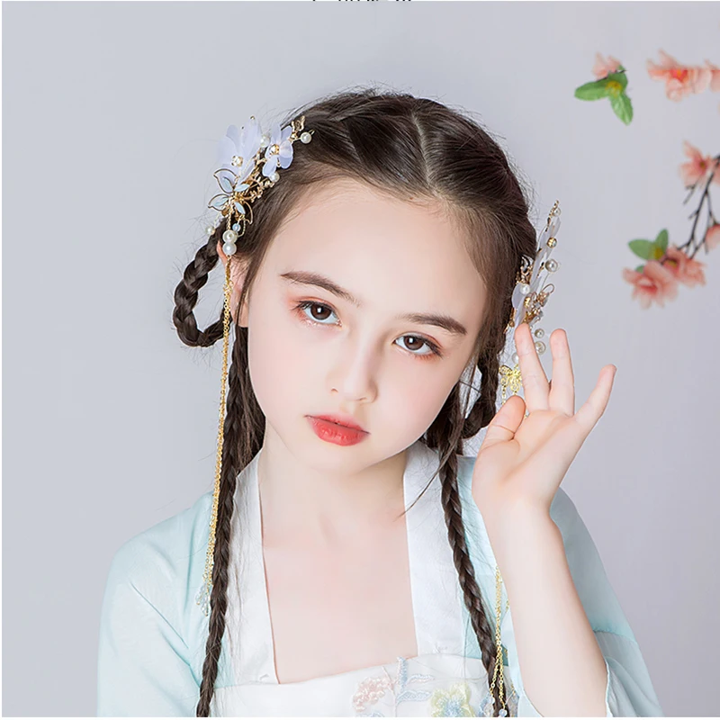 Китайская одежда для девочек; головной убор с цветами; детская антикварная Милая заколка с кисточками; аксессуары; заколка для девочек с цветочным узором
