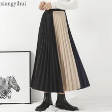 Осень Зима Повседневная Эластичная Высокая талия плиссированная юбка длинная Лоскутная Женская Шикарная стильная элегантная юбка низ